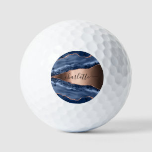 Blue agate marble rose gold name script golf balls
