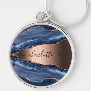 Blue agate marble rose gold name script key ring