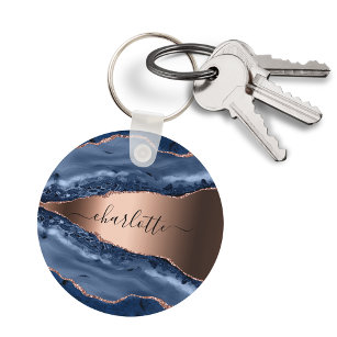 Blue agate marble rose gold name script key ring