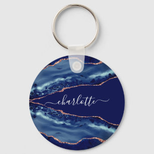 Blue agate marble rose gold name script key ring