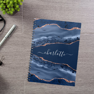 Blue agate marble rose gold name script notebook
