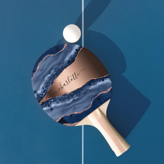 Blue agate marble rose gold name script ping pong paddle (Creator Uploaded)