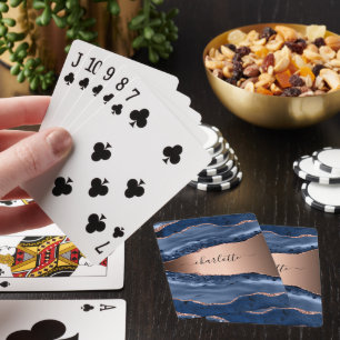 Blue agate marble rose gold name script playing cards