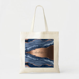 Blue agate marble rose gold name script tote bag