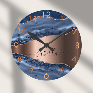 Blue agate marble rose gold round clock