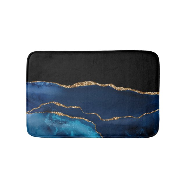Blue Agate Marble Shiny Golden Glitter Chic Glam Bath Mat (Front)