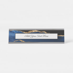 Blue Agate Marble Shiny Golden Glitter Chic Glam Desk Name Plate