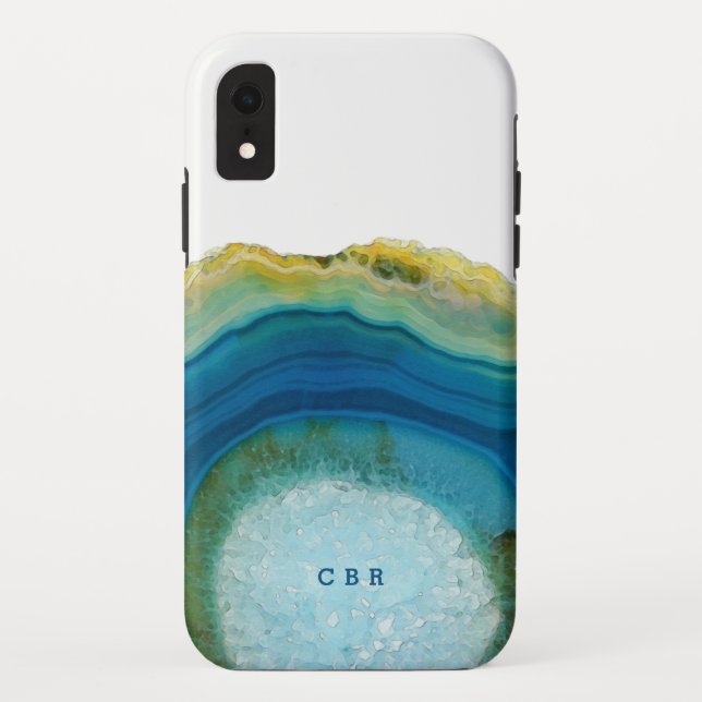 Blue Agate Monogram Cool Abstract Marble Gemstone Case-Mate iPhone Case (Back)