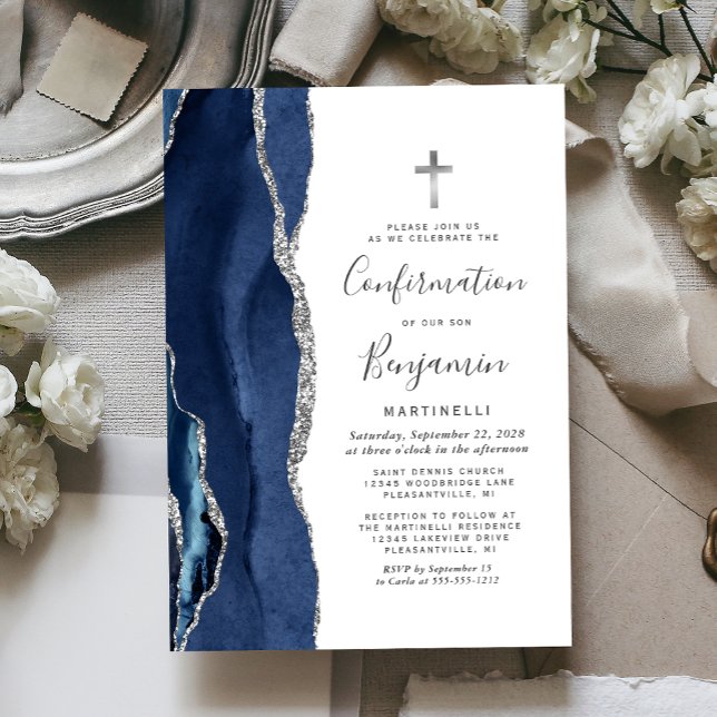 Blue Agate Silver Glitter Confirmation Invitation (Creator Uploaded)