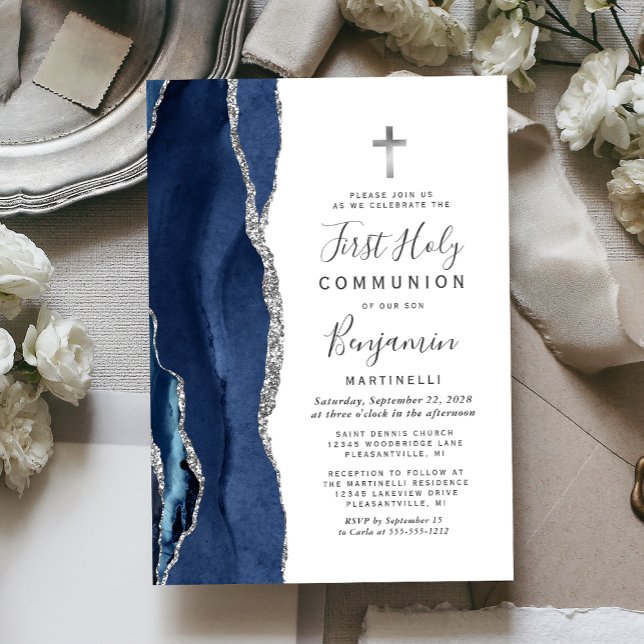 Blue Agate Silver Glitter First Holy Communion Invitation (Creator Uploaded)