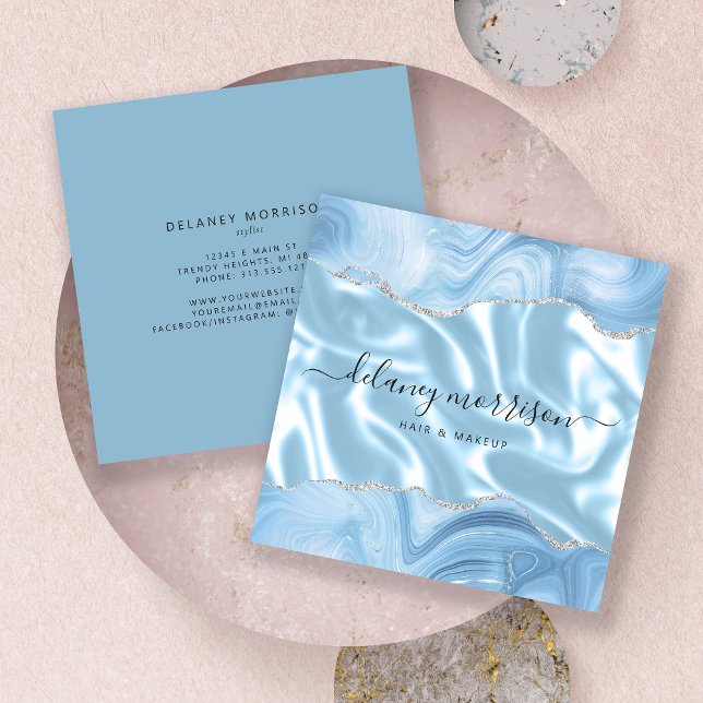 Blue Agate Silver Glitter Luxury Square Business Card (Creator Uploaded)
