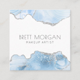 Blue Agate Silver Glitter Makeup Artist Square Business Card