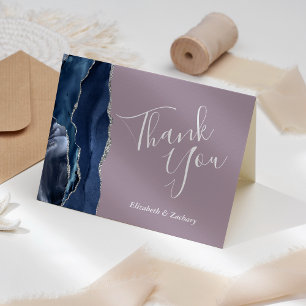Blue Agate Silver Glitter Mauve Wedding Thank You Card