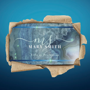 Blue Agate Silver Sparkle Monogram Script Business Card