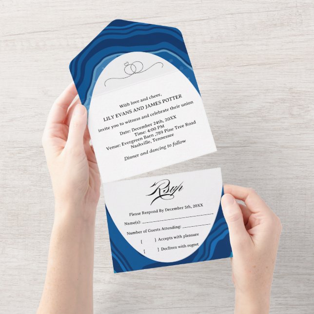 Blue Agate Sliced Wedding All In One Invitation (Tearaway)