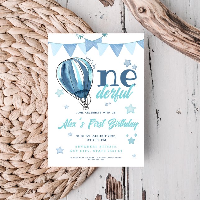 Blue Air Balloon Isn't he Onederful Birthday Invitation (Creator Uploaded)