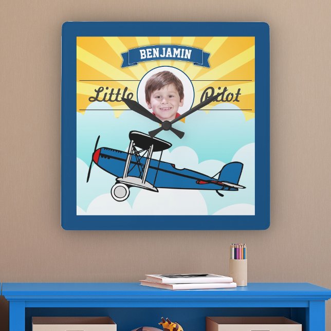 Blue Airplane Little Pilot Name Photo Kids Room Square Wall Clock (Creator Uploaded)