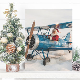 Blue Airplane Santa Pilot Funny Christmas Photo Postcard