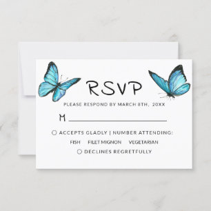 Blue airy watercolor butterflies wedding RSVP