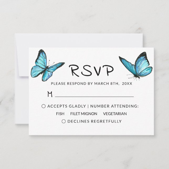 Blue airy watercolor butterflies wedding RSVP Card (Front)