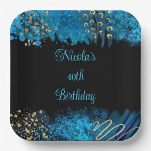 Blue Alcohol Ink Birthday Party Paper Plate