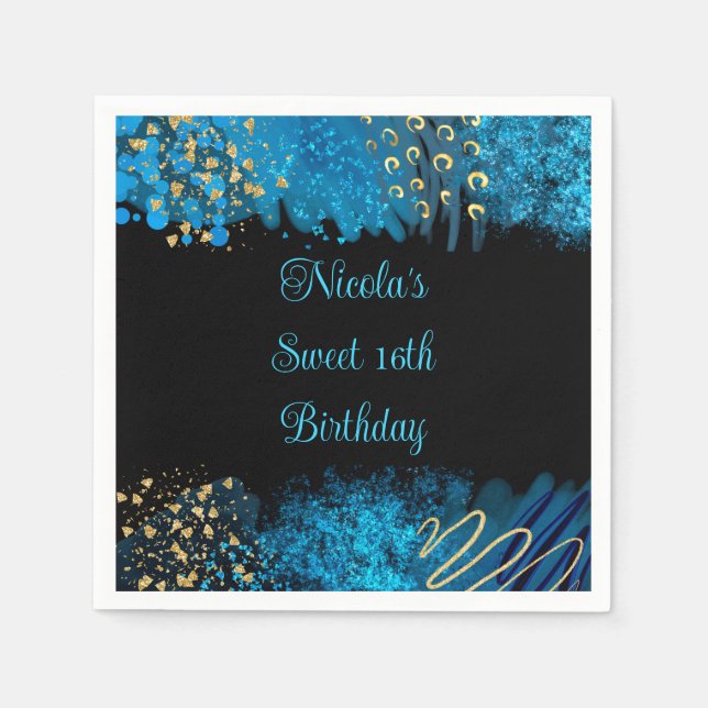 Blue Alcohol Ink Sweet 16 Birthday Party Napkin (Front)