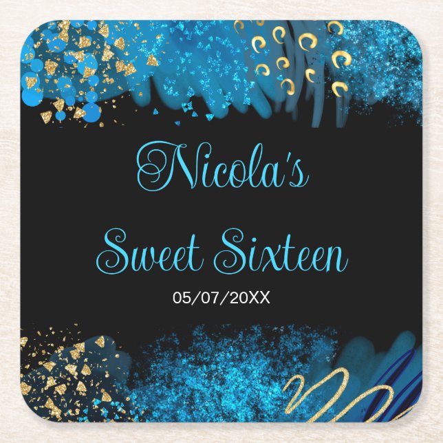 Blue Alcohol Ink Sweet 16 Birthday Party Square Paper Coaster (Front)