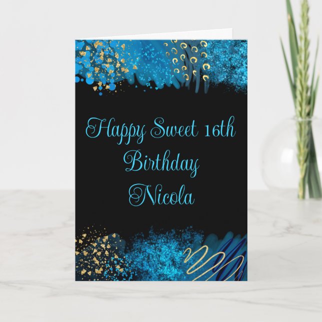 Blue Alcohol Ink Sweet 16 Card (Front)