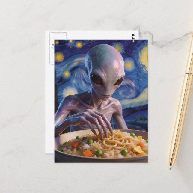 Blue Alien Eating Noodles and Veggies Postcard (Front/Back In Situ)