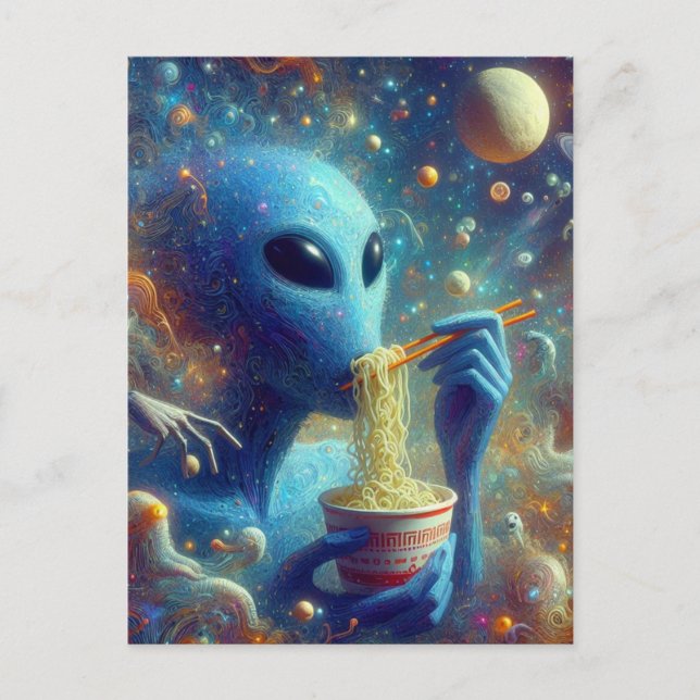 Blue Alien Eating Noodles  Postcard (Front)