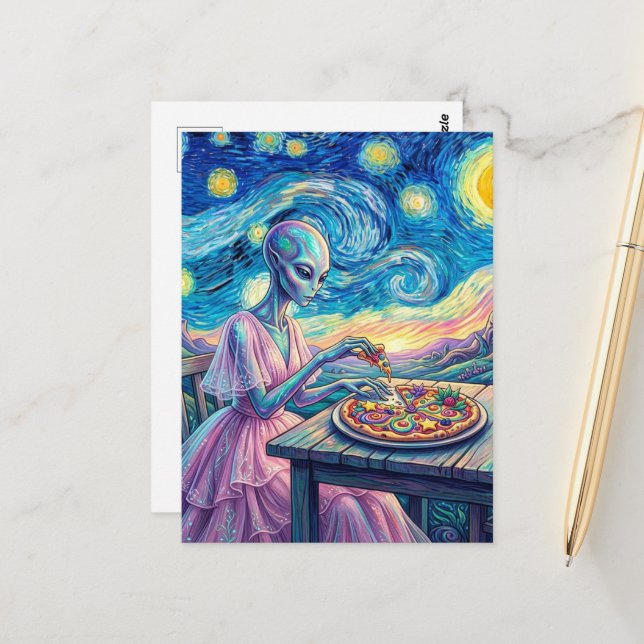 Blue Alien in Pink Dress Eats Pizza Faux Van Gogh Postcard (Front/Back In Situ)