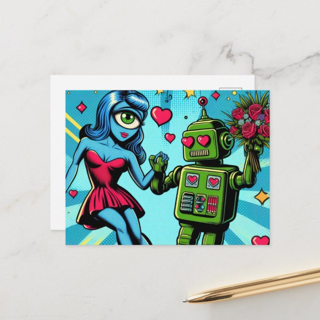 Blue Alien Woman and a Green Robot Postcard (Front/Back In Situ)