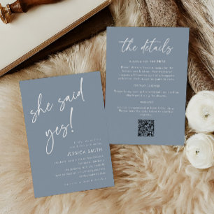 Blue All in One QR Code She Said Yes Bridal Shower Invitation
