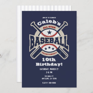 Blue All Star Sport Baseball Birthday Party Invitation