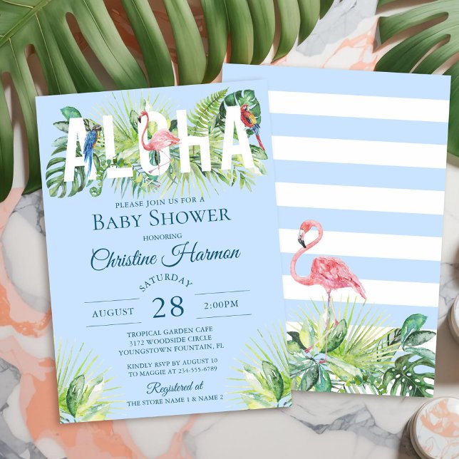 Blue Aloha Flamingo Tropical Birds Boy Baby Shower Invitation (Creator Uploaded)