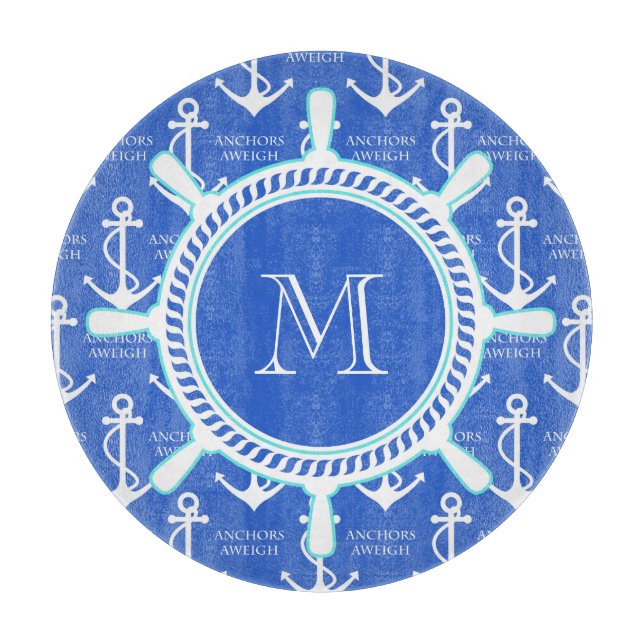 Blue Anchor Coastal Nautical Monogram Cutting Board (Front)