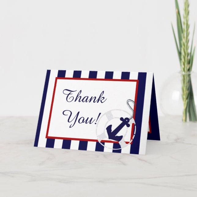 Blue Anchor Nautical Wedding Folded Thank You Card (Front)