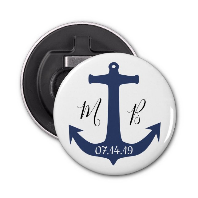 Blue Anchor Nautical Wedding Initials and Date Bottle Opener (Front)