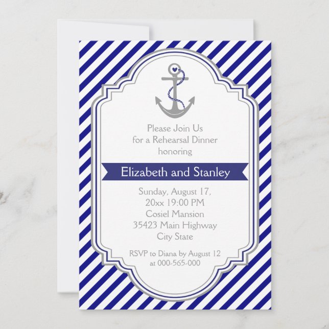 Blue anchor nautical wedding rehearsal dinner invitation (Front)