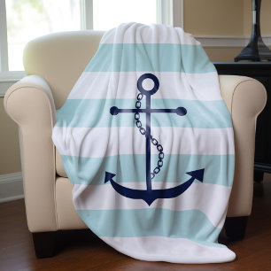 Blue Anchor on Mint Stripes Fleece Blanket