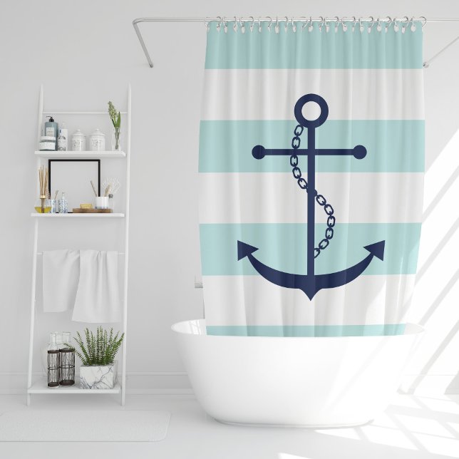 Blue Anchor on Mint Stripes Shower Curtain (Creator Uploaded)