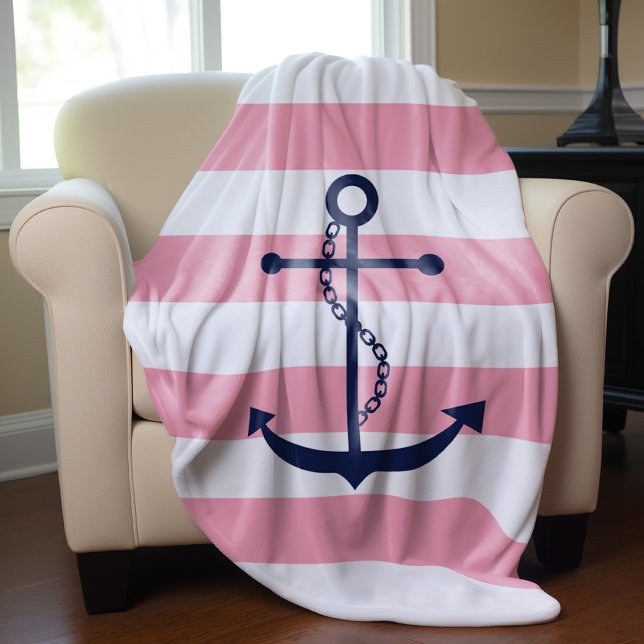 Blue Anchor on Pink Stripes Fleece Blanket (Creator Uploaded)