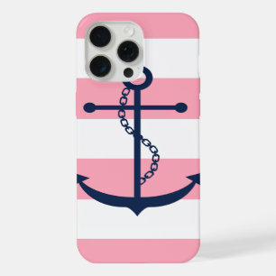 Blue Anchor on Pink Stripes Pattern iPhone 15 Pro Max Case