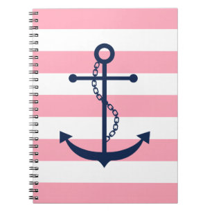 Blue Anchor on Pink Stripes Pattern Spiral Notebook