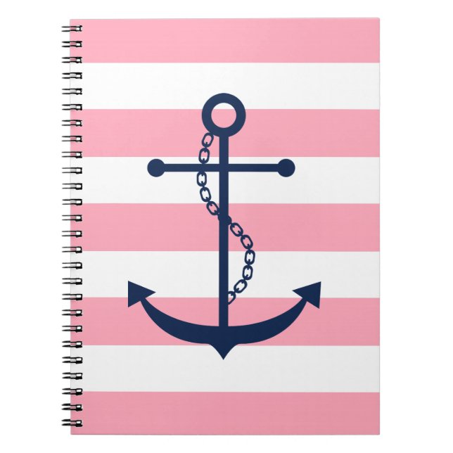 Blue Anchor on Pink Stripes Pattern Spiral Notebook (Front)