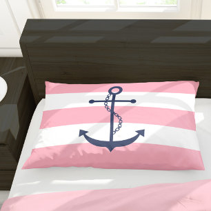 Blue Anchor on Pink Stripes Pillowcase
