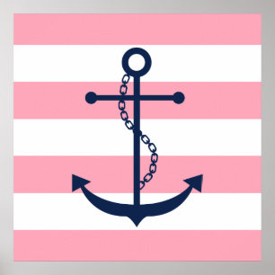 Blue Anchor on Pink Stripes Poster