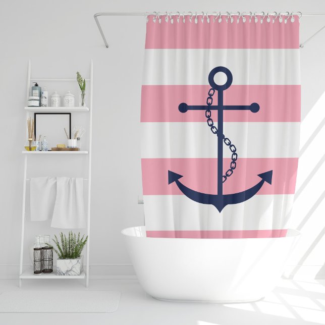 Blue Anchor on Pink Stripes Shower Curtain (Creator Uploaded)