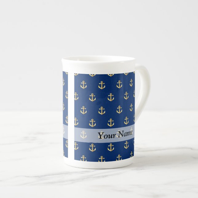 Blue anchor pattern bone china mug (Front Right)