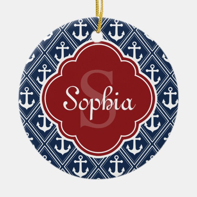 Blue Anchor Pattern Red Monogram Ceramic Tree Decoration (Front)